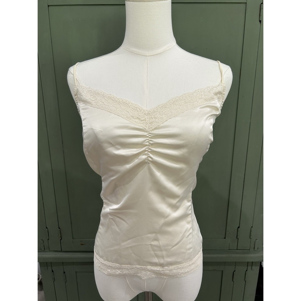 Vintage Satin Lace Trim Tank Top Cream Y2K Babydoll Cami Size XL Coquette Dainty